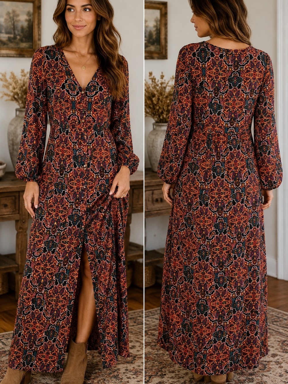 Boho Floral Maxi Dress - Rust Floral